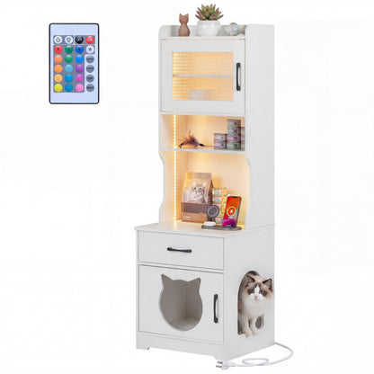 60" Cat Litter Box Enclosure with Adjustable LED Light & Storage Shelves and Charging Station