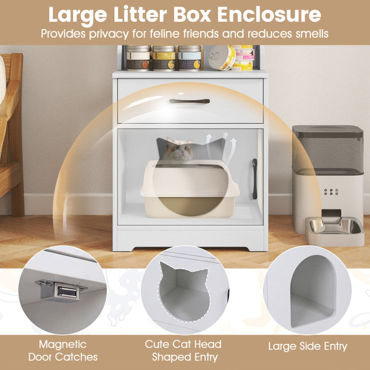 60" Cat Litter Box Enclosure with Adjustable LED Light & Storage Shelves and Charging Station