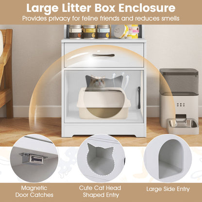 60" Cat Litter Box Enclosure with Adjustable LED Light & Storage Shelves and Charging Station