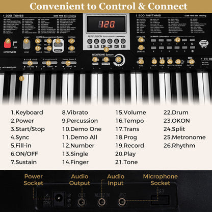 61 Keys Beginners Piano Keyboard Electric Keyboard Kit with Adjustable Stand and Stool