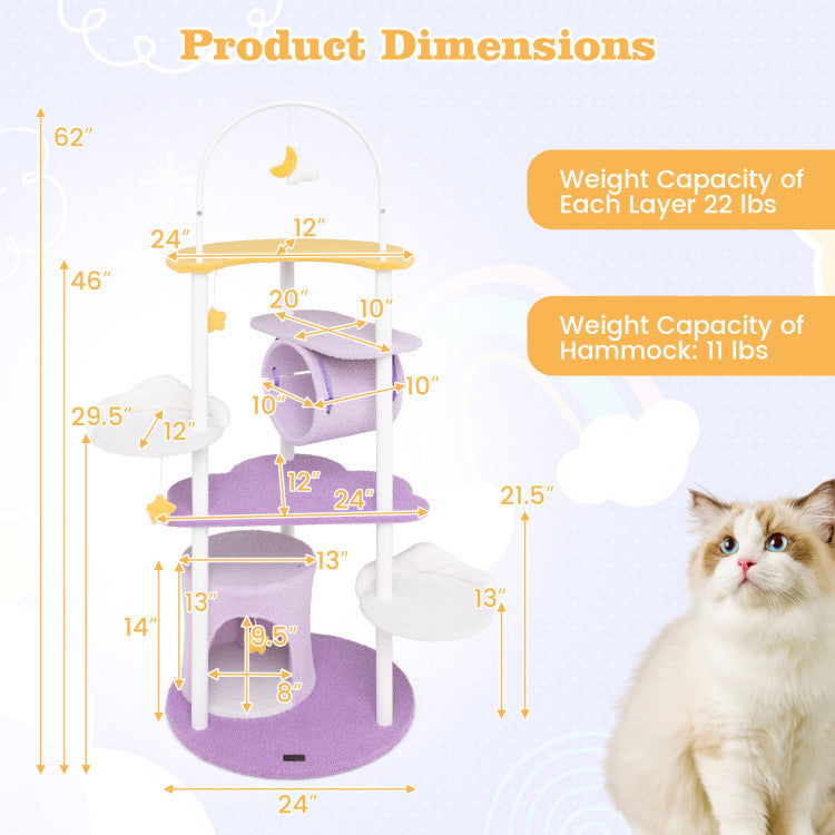 62 Inches Large Cat Tower with Metal Frame and Jumping Platforms