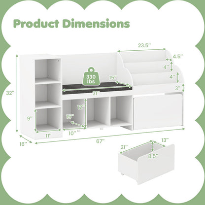 Kids Bookcase with Reading Nook 4-in-1 Standing Toy Organizer