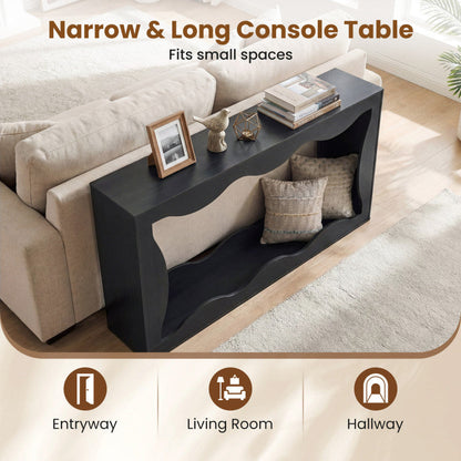 63 Inch Console Table 2-Tier Narrow Entryway Table with Wavy Edge Storage Shelf
