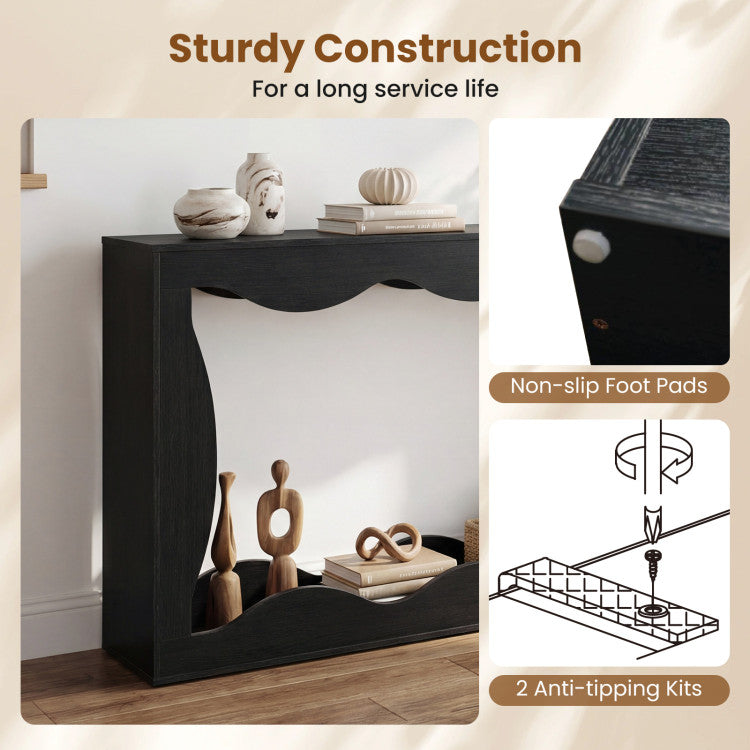 63 Inch Console Table 2-Tier Narrow Entryway Table with Wavy Edge Storage Shelf