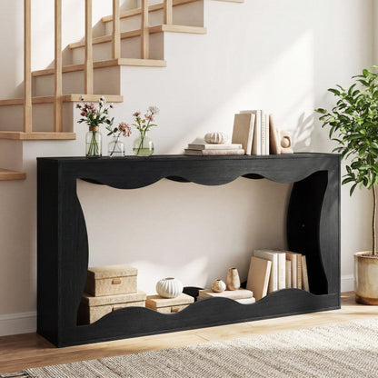 63 Inch Console Table 2-Tier Narrow Entryway Table with Wavy Edge Storage Shelf