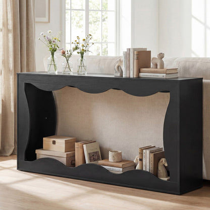 63 Inch Console Table 2-Tier Narrow Entryway Table with Wavy Edge Storage Shelf