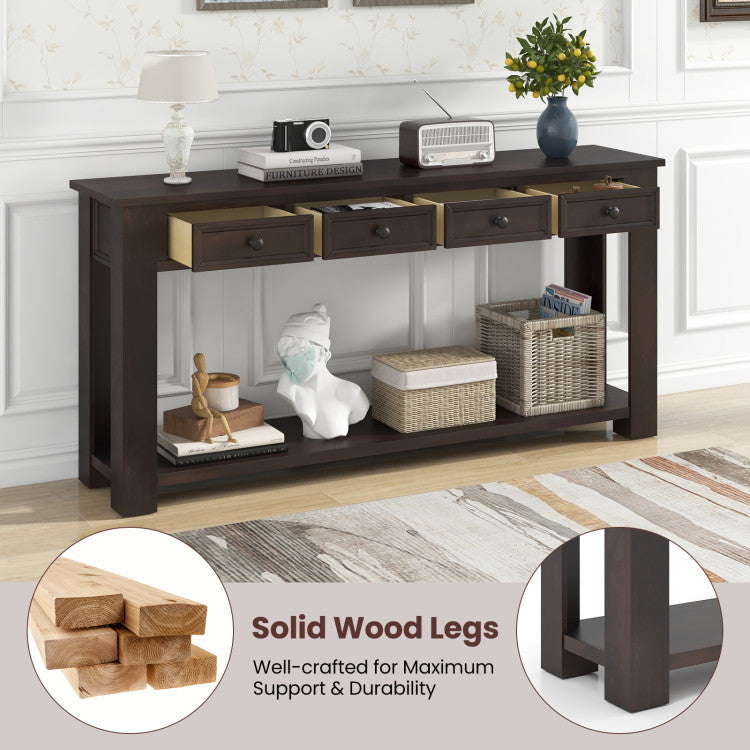 63 Inches Farmhouse Entryway Table with 4 Storage Drawers and Open Shelf