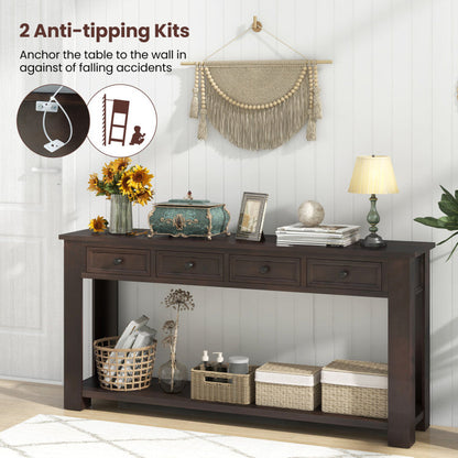 63 Inches Farmhouse Entryway Table with 4 Storage Drawers and Open Shelf