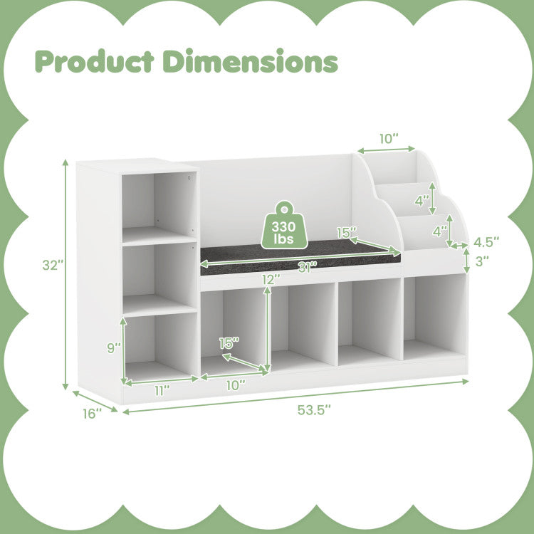 Kids Bookcase with Reading Nook 3-in-1 Standing Toy Organizer