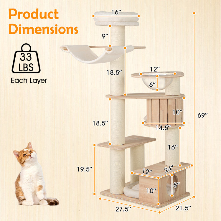 69 Inches Tall Cat Tree with Cozy Top Perch and Washable Plush Cushions