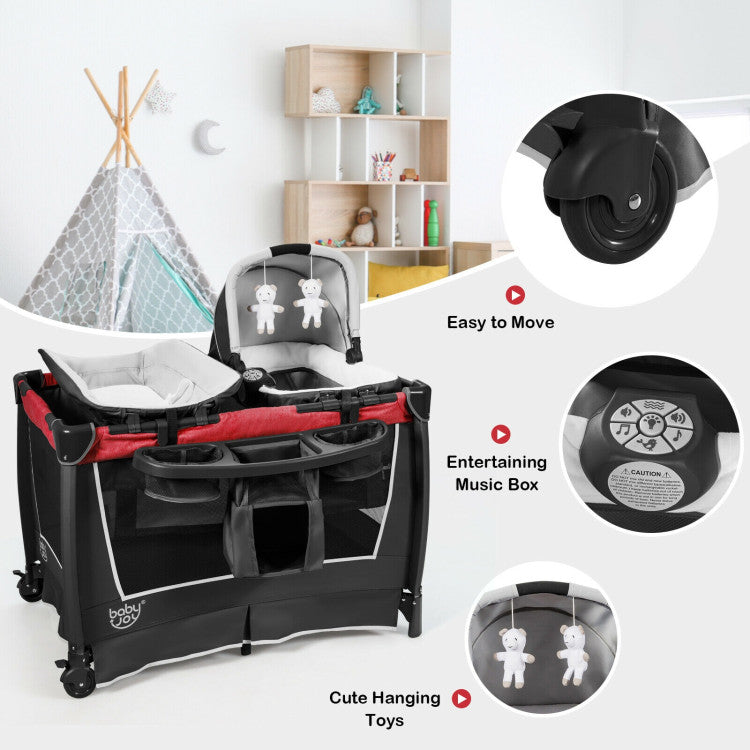 4-in-1 Convertible Portable Baby Play yard with Toys and Music Player