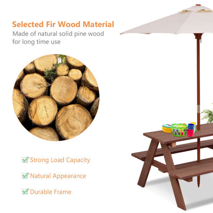 Outdoor 4-Seat Kids Picnic Table Bench Set with Removable Umbrella