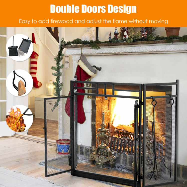 3-Panel Folding Wrought Iron Fireplace Screen with Doors and 4 Pieces Tools Set