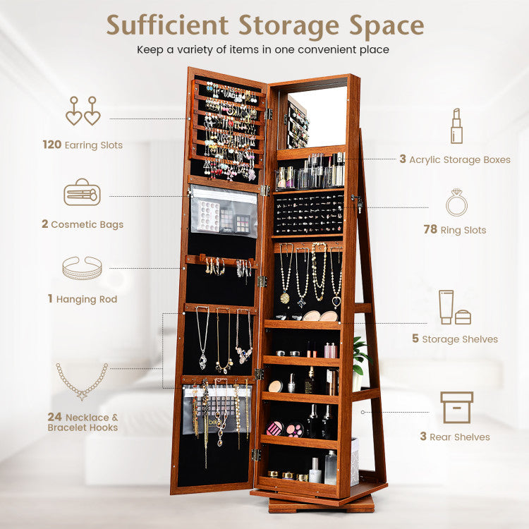 360° Rotatable 2-in-1 Lockable Jewelry Cabinet with Full-Length Mirror