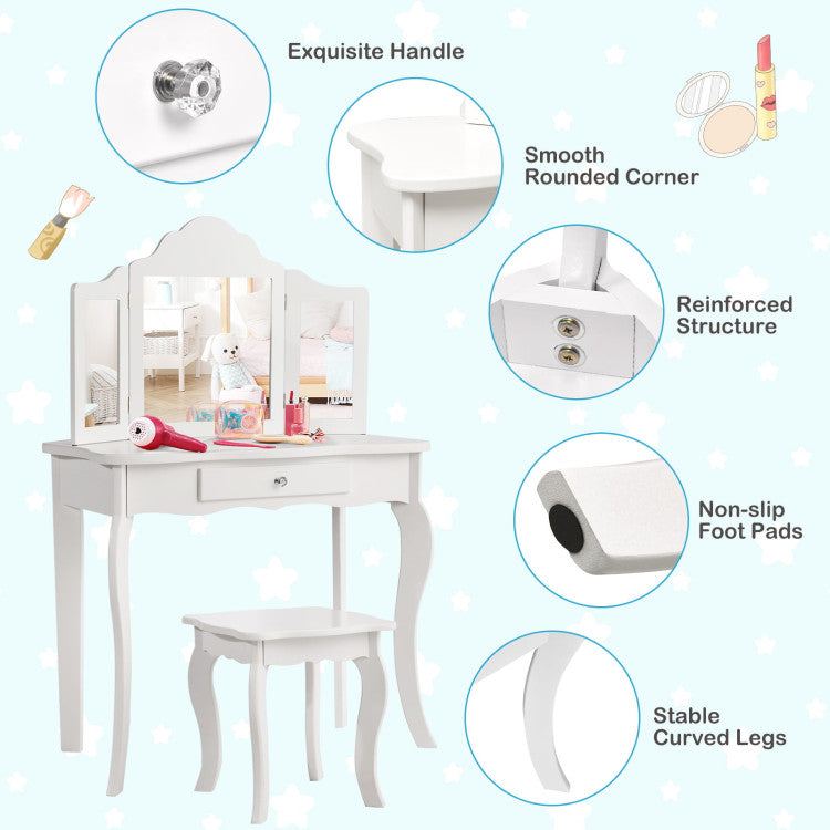 Kids Dressing Vanity Set with Detachable Tri-Folding Mirror and Stool