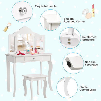 Kids Dressing Vanity Set with Detachable Tri-Folding Mirror and Stool