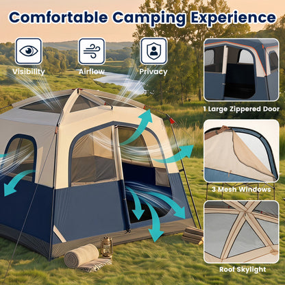 6-Person Camping Tent Easy Setup Family Cabin Tent with Top Rainfly Mesh Windows