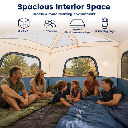 6-Person Camping Tent Easy Setup Family Cabin Tent with Top Rainfly Mesh Windows