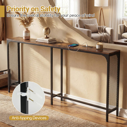 71 Inch Narrow Console Table with Power Outlet for Small Space