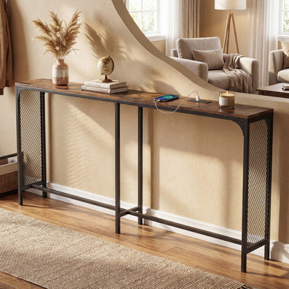 71 Inch Narrow Console Table with Power Outlet for Small Space