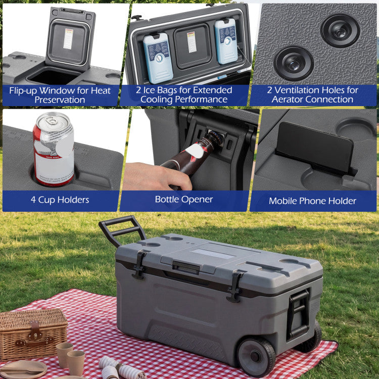 74 Quart Portable Rolling Cooler with Fish Ruler for Outdoor