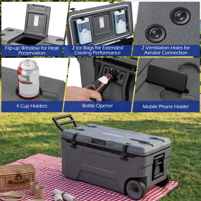 74 Quart Portable Rolling Cooler with Fish Ruler for Outdoor