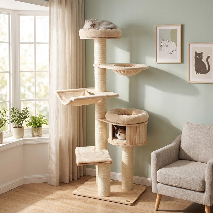 75.5" Tall Cat Tree with 7 Sisal Posts & Hanging Basket and Hammock for Indoor