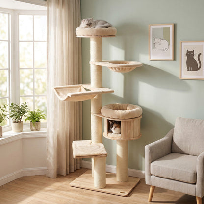 75.5" Tall Cat Tree with 7 Sisal Posts & Hanging Basket and Hammock for Indoor