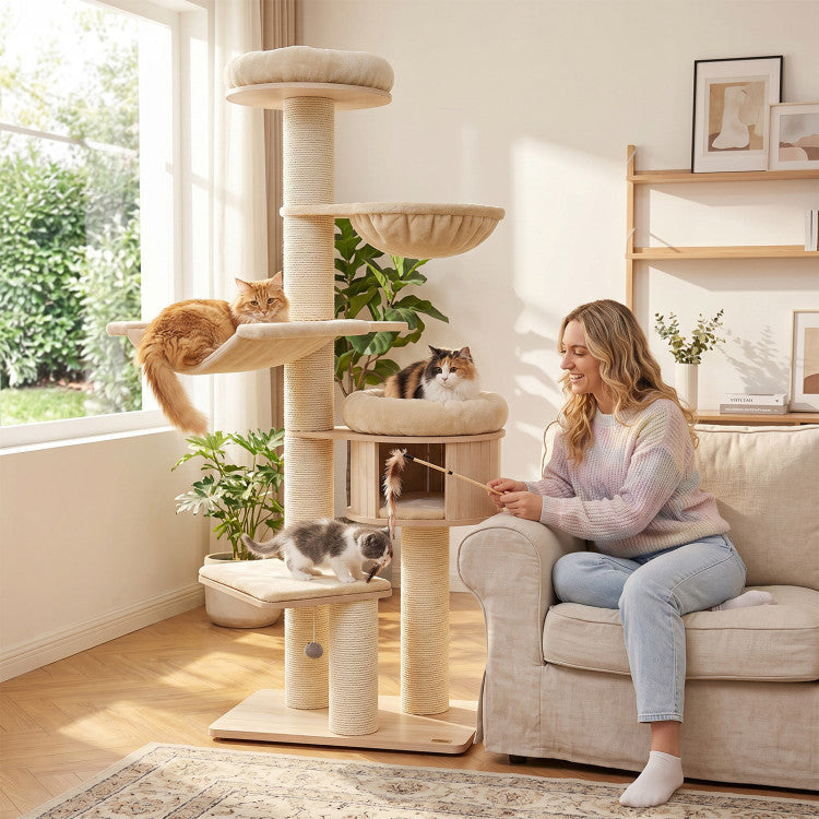 75.5" Tall Cat Tree with 7 Sisal Posts & Hanging Basket and Hammock for Indoor