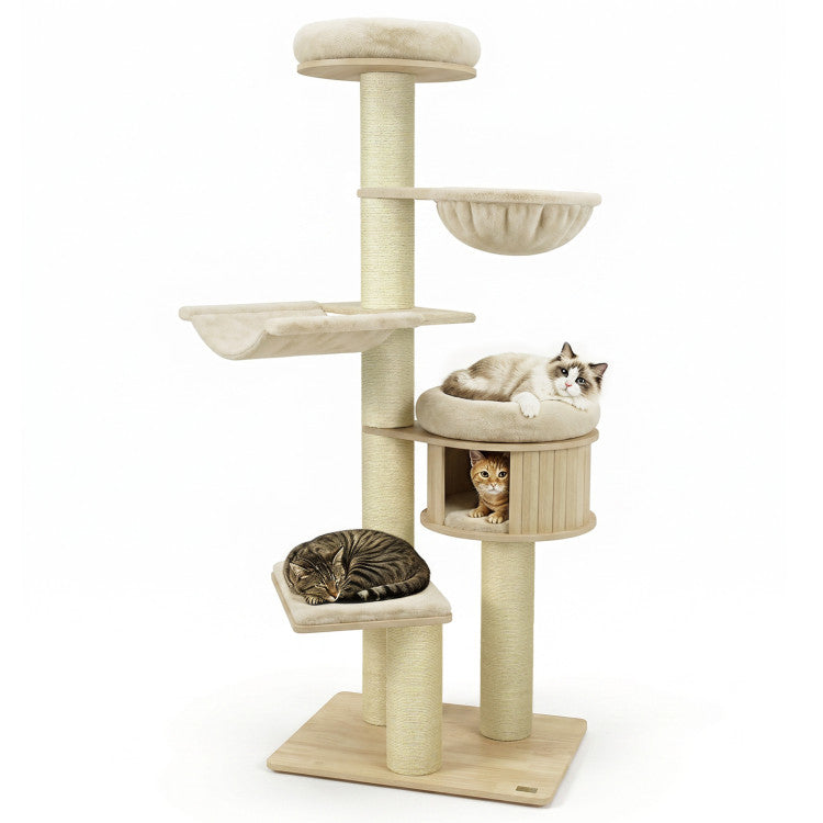 75.5" Tall Cat Tree with 7 Sisal Posts & Hanging Basket and Hammock for Indoor
