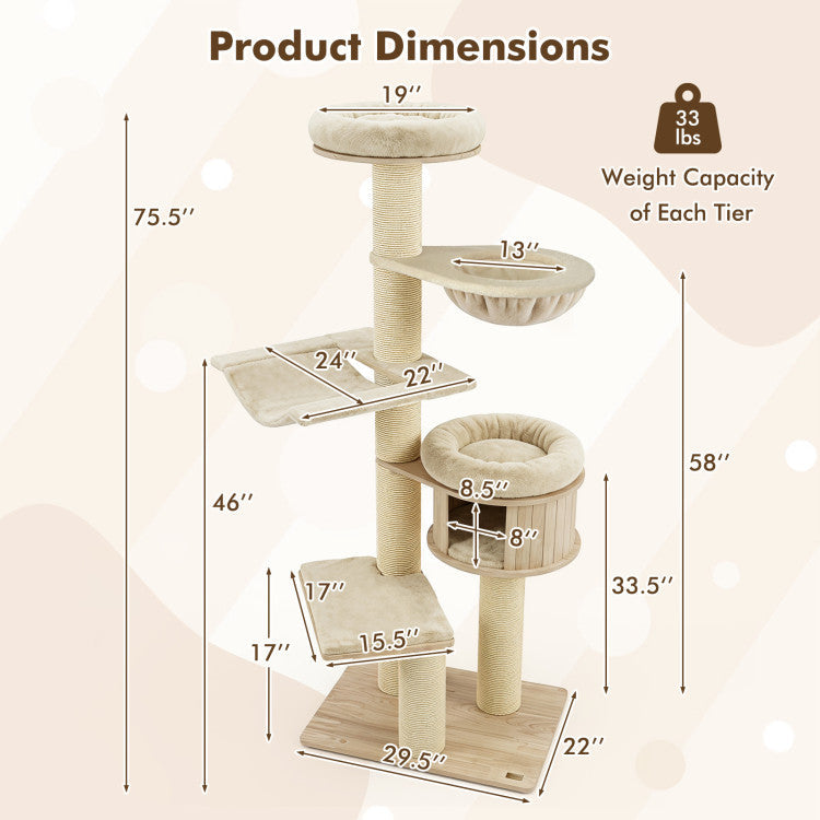 75.5" Tall Cat Tree with 7 Sisal Posts & Hanging Basket and Hammock for Indoor