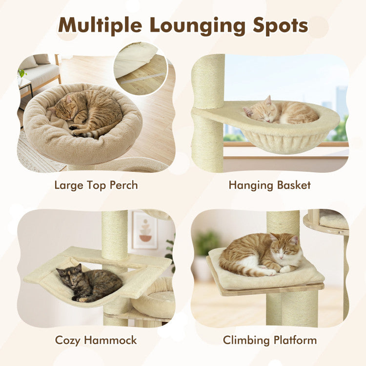 75.5" Tall Cat Tree with 7 Sisal Posts & Hanging Basket and Hammock for Indoor