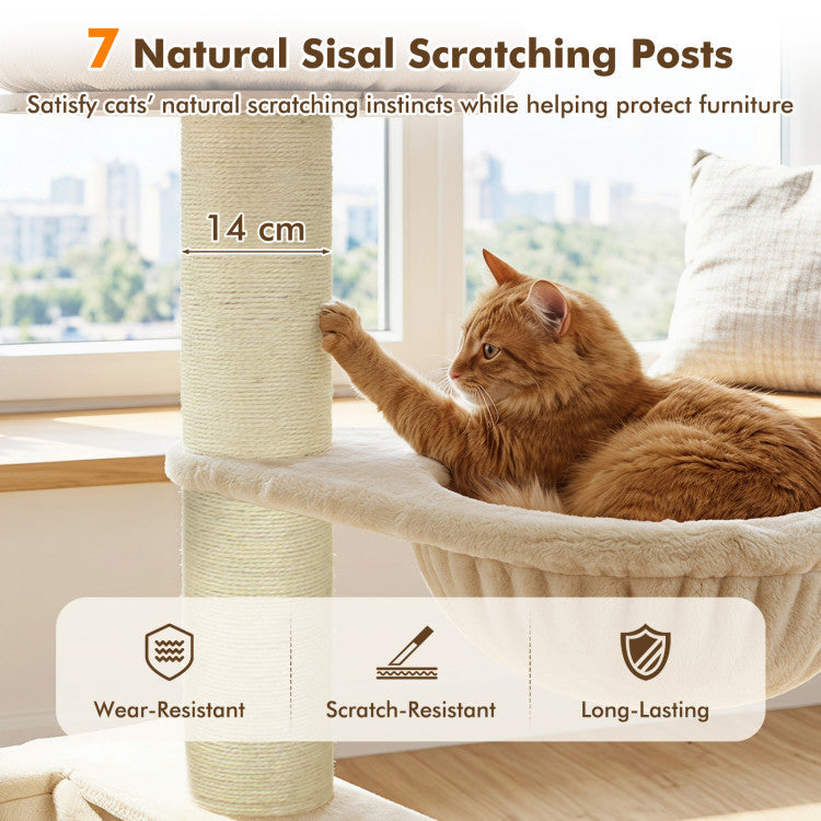 75.5" Tall Cat Tree with 7 Sisal Posts & Hanging Basket and Hammock for Indoor