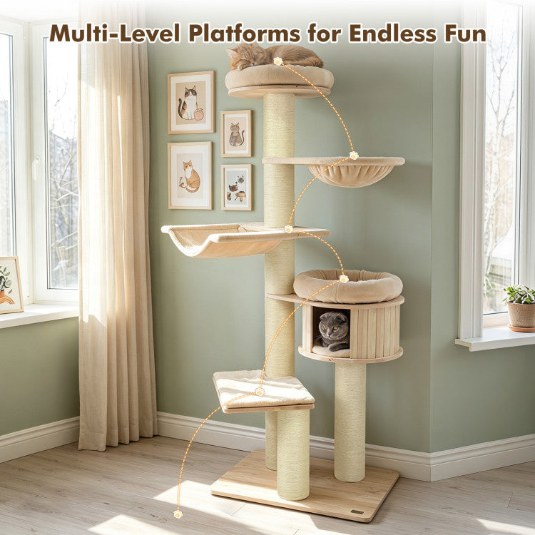 75.5" Tall Cat Tree with 7 Sisal Posts & Hanging Basket and Hammock for Indoor