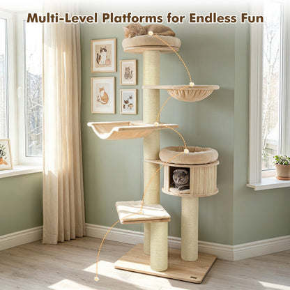 75.5" Tall Cat Tree with 7 Sisal Posts & Hanging Basket and Hammock for Indoor