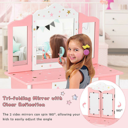 Kids Princess Vanity Table and Stool Set with Tri-folding Mirror and Drawer