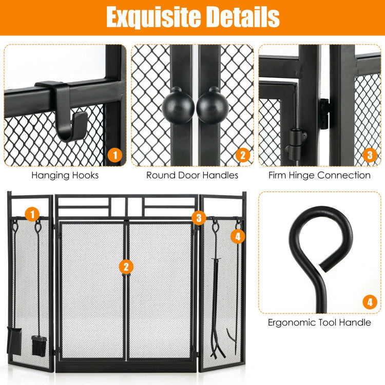 3-Panel Folding Wrought Iron Fireplace Screen with Doors and 4 Pieces Tools Set