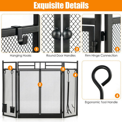 3-Panel Folding Wrought Iron Fireplace Screen with Doors and 4 Pieces Tools Set