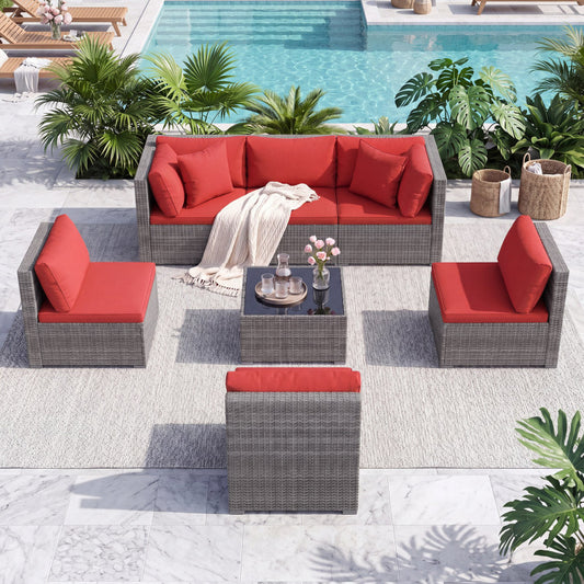 7-Piece PE Rattan Patio Set with Glass Table & Soft Cushions for Outdoor