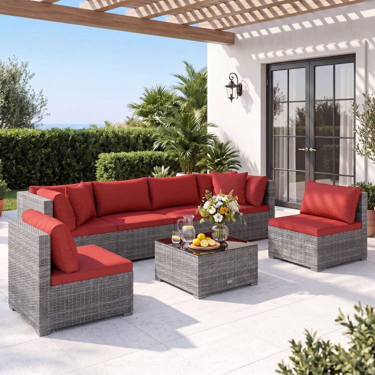 7-Piece PE Rattan Patio Set with Glass Table & Soft Cushions for Outdoor