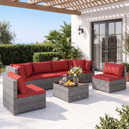 7-Piece PE Rattan Patio Set with Glass Table & Soft Cushions for Outdoor