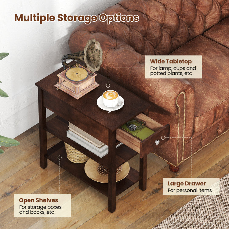 3-Tier Narrow End Table with Drawer and Storage Shelves
