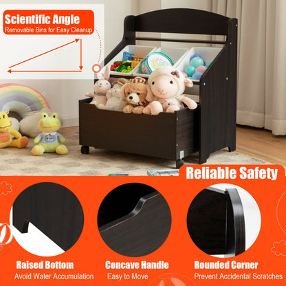 Kids Toy Storage Organizer with Rolling Toy Box and Plastic Bins, Wooden Cabinet