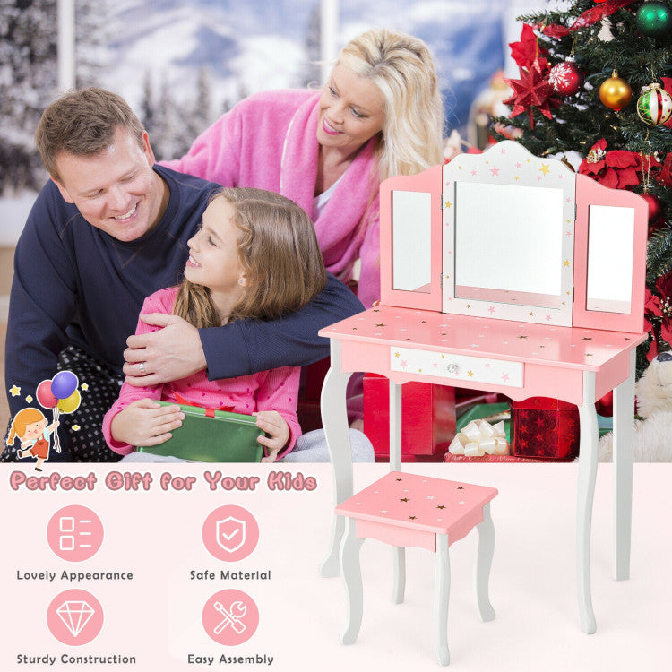 Kids Princess Vanity Table and Stool Set with Tri-folding Mirror and Drawer