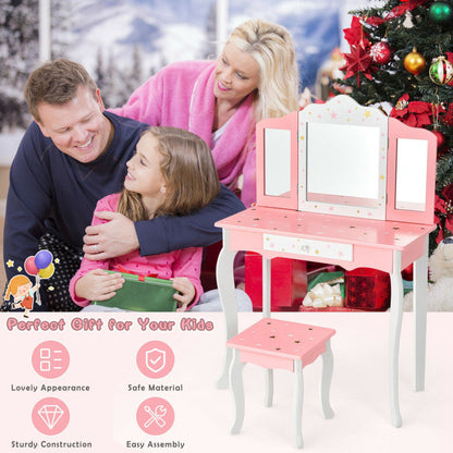 Kids Princess Vanity Table and Stool Set with Tri-folding Mirror and Drawer