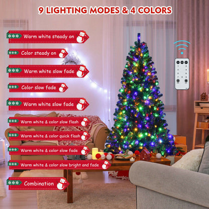 6/7/8 Feet Artificial Christmas Tree with Remote-controlled Color-changing LED Lights