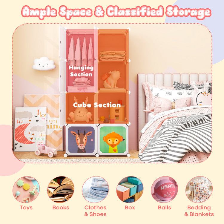 8-Cube Kids Wardrobe Closet with Clothes Hanging Section and Doors