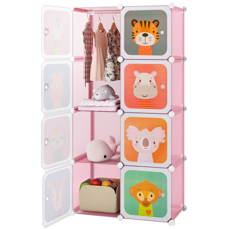 8-Cube Kids Wardrobe Closet with Clothes Hanging Section and Doors