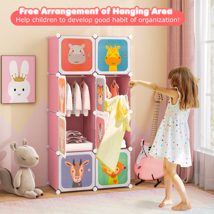 8-Cube Kids Wardrobe Closet with Clothes Hanging Section and Doors