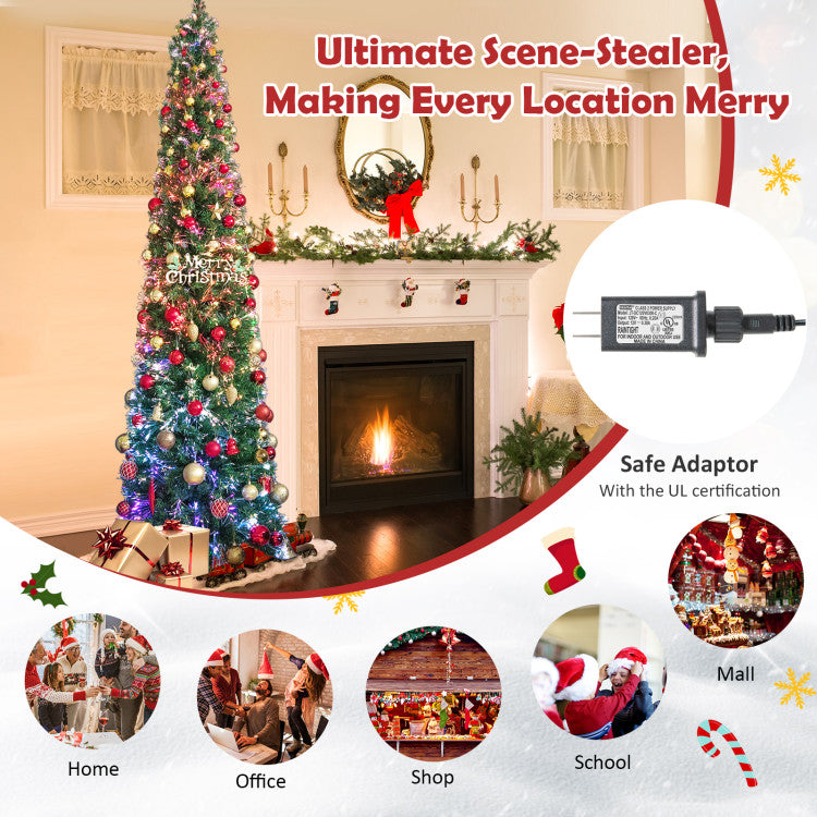 5/6/7/8 FT Pre-Lit Christmas Pencil Tree with Colorful Fiber Optics Green